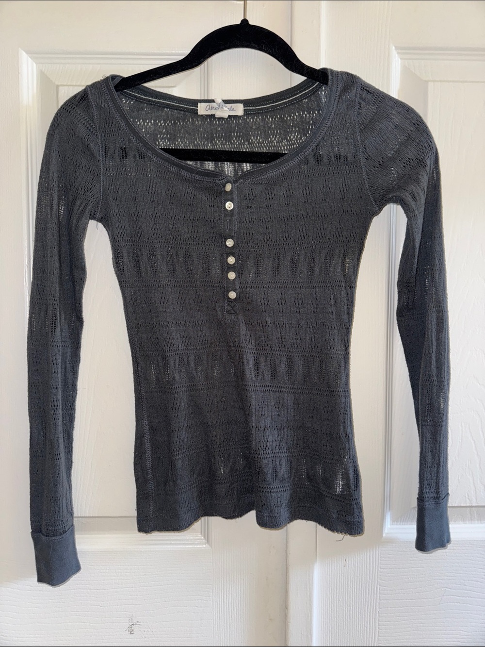 Y2K Aeropostale Charcoal Grey Pointelle Sheer Henley Long-Sleeve Top